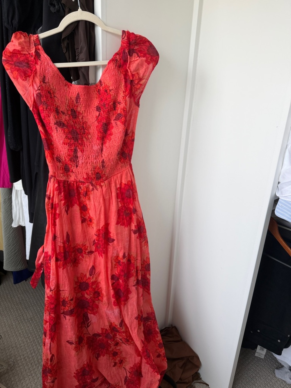 Anthropologie Red Floral Smocked Maxi Dress